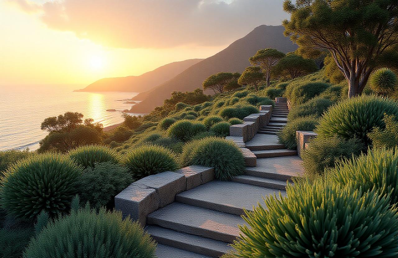 Lush coastal garden with resilient botanical strains